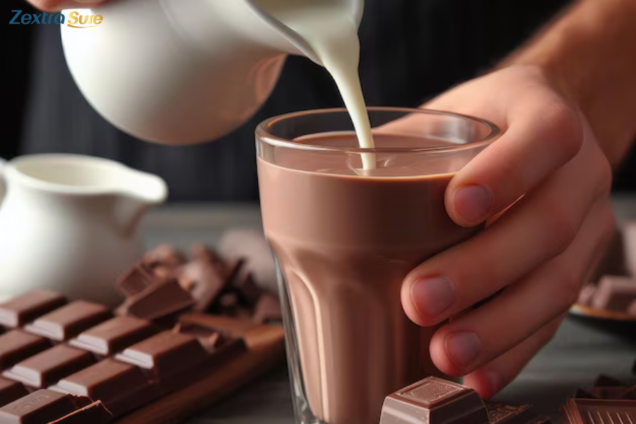 Chocolate milk is made by blending milk with cocoa